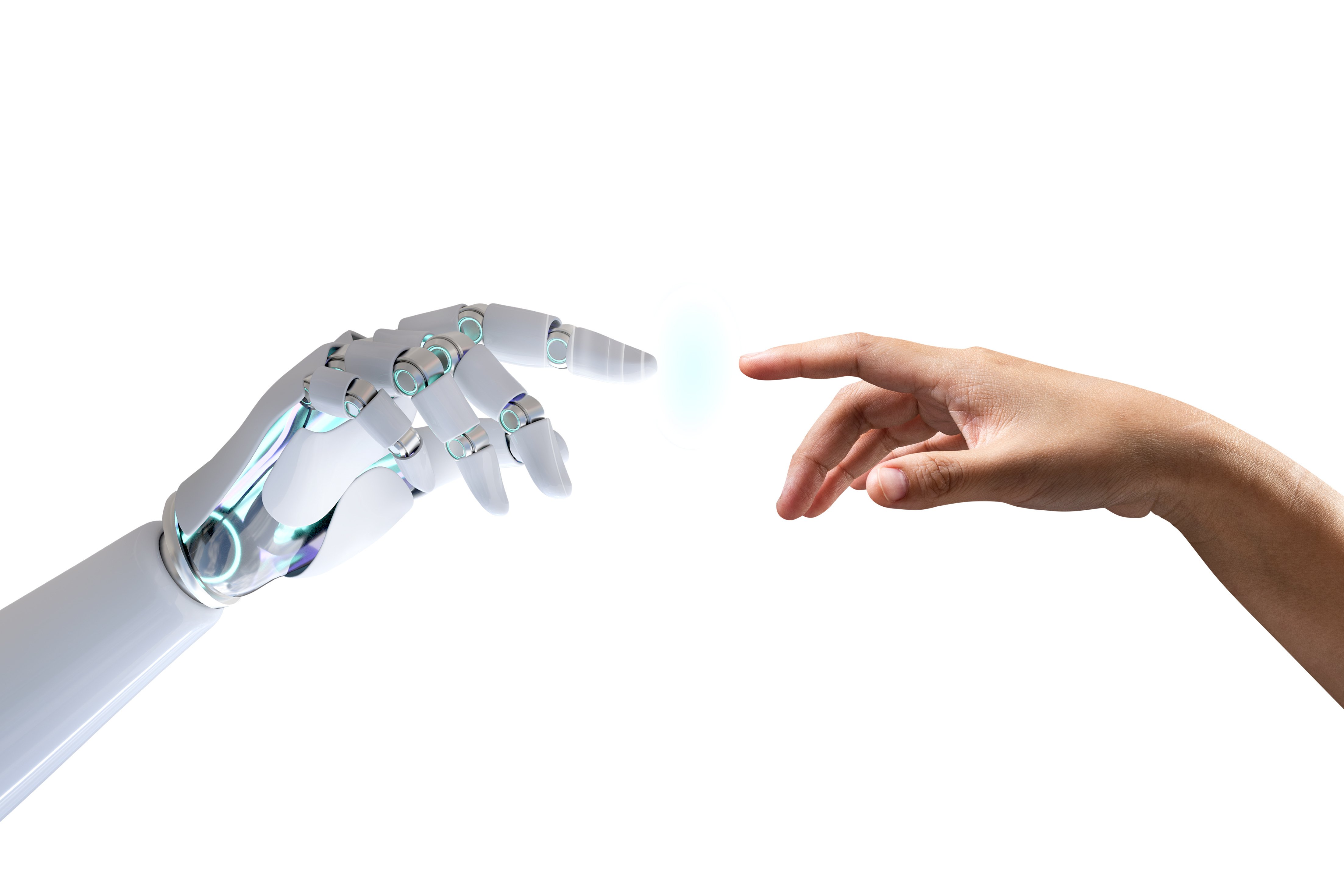 A robotic hand and a human hand reaching toward each other with fingertips almost touching, symbolizing the connection between artificial intelligence and humanity, or collaboration between technology and people