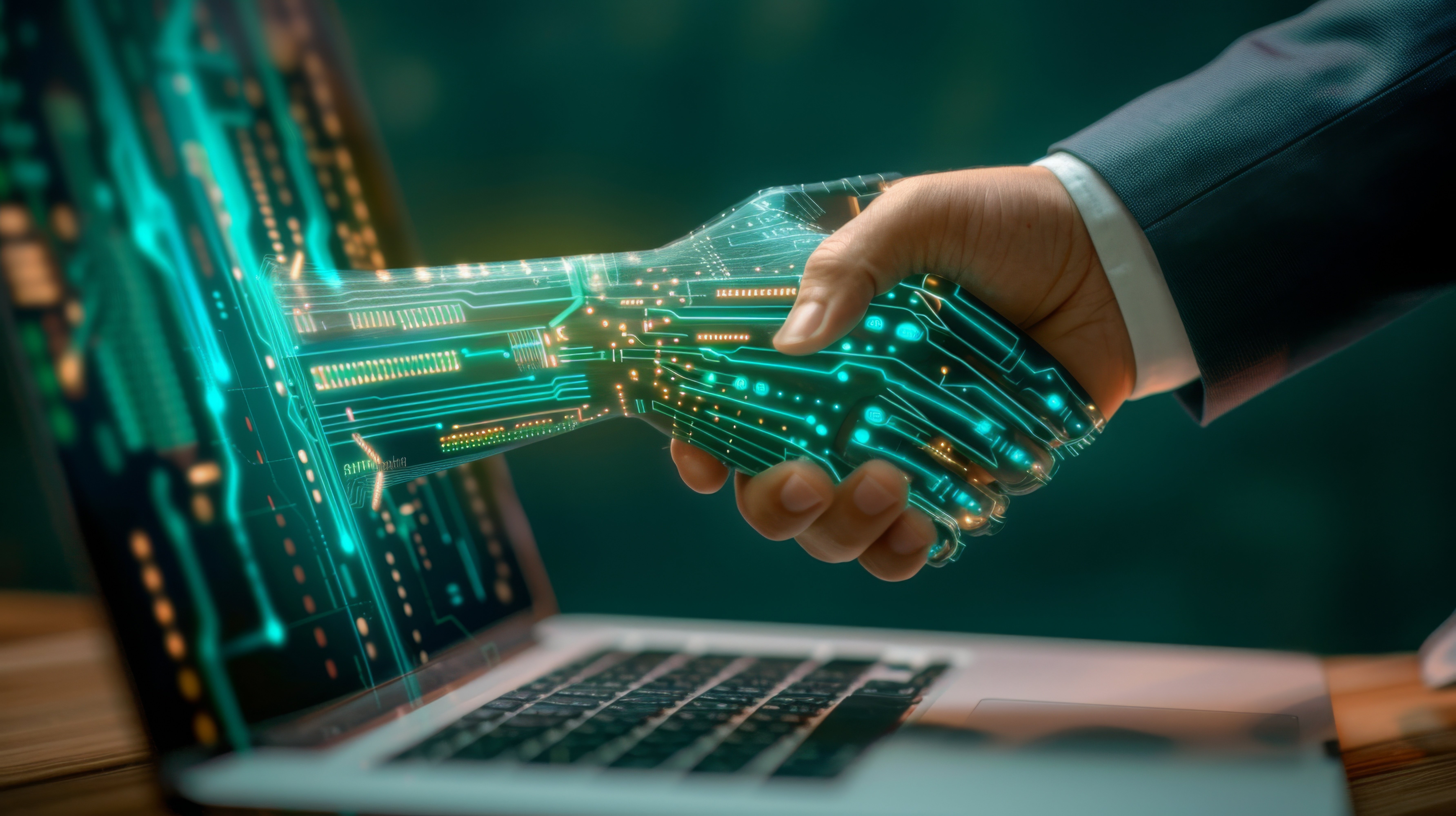 A human hand in a business suit shakes hands with a glowing, circuit-patterned digital hand emerging from a laptop screen, symbolizing collaboration between humans and artificial intelligence.