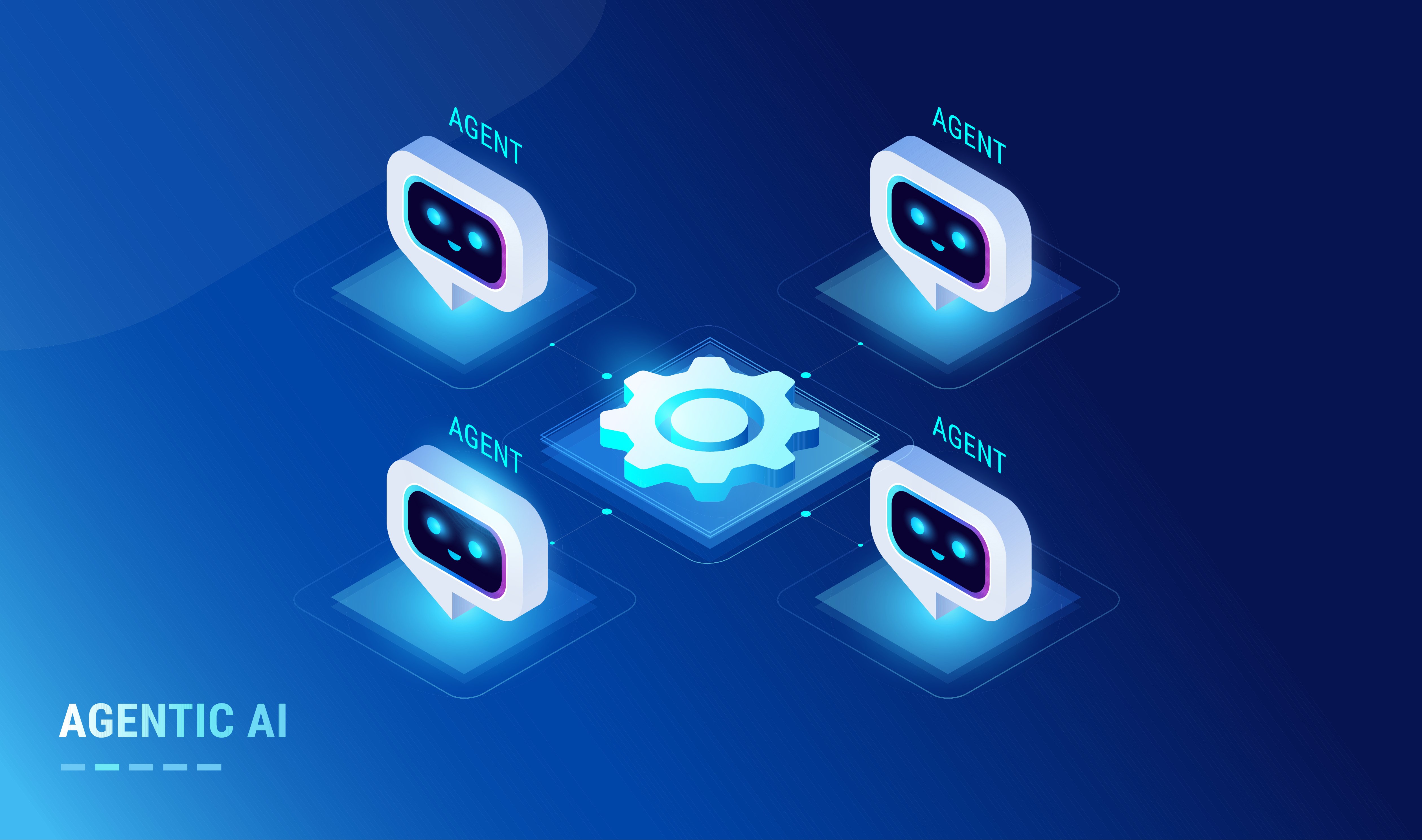 Futuristic illustration of four AI chat agents labeled “AGENT” connected to a central gear icon, representing collaboration and automation under the concept of “Agentic AI.”