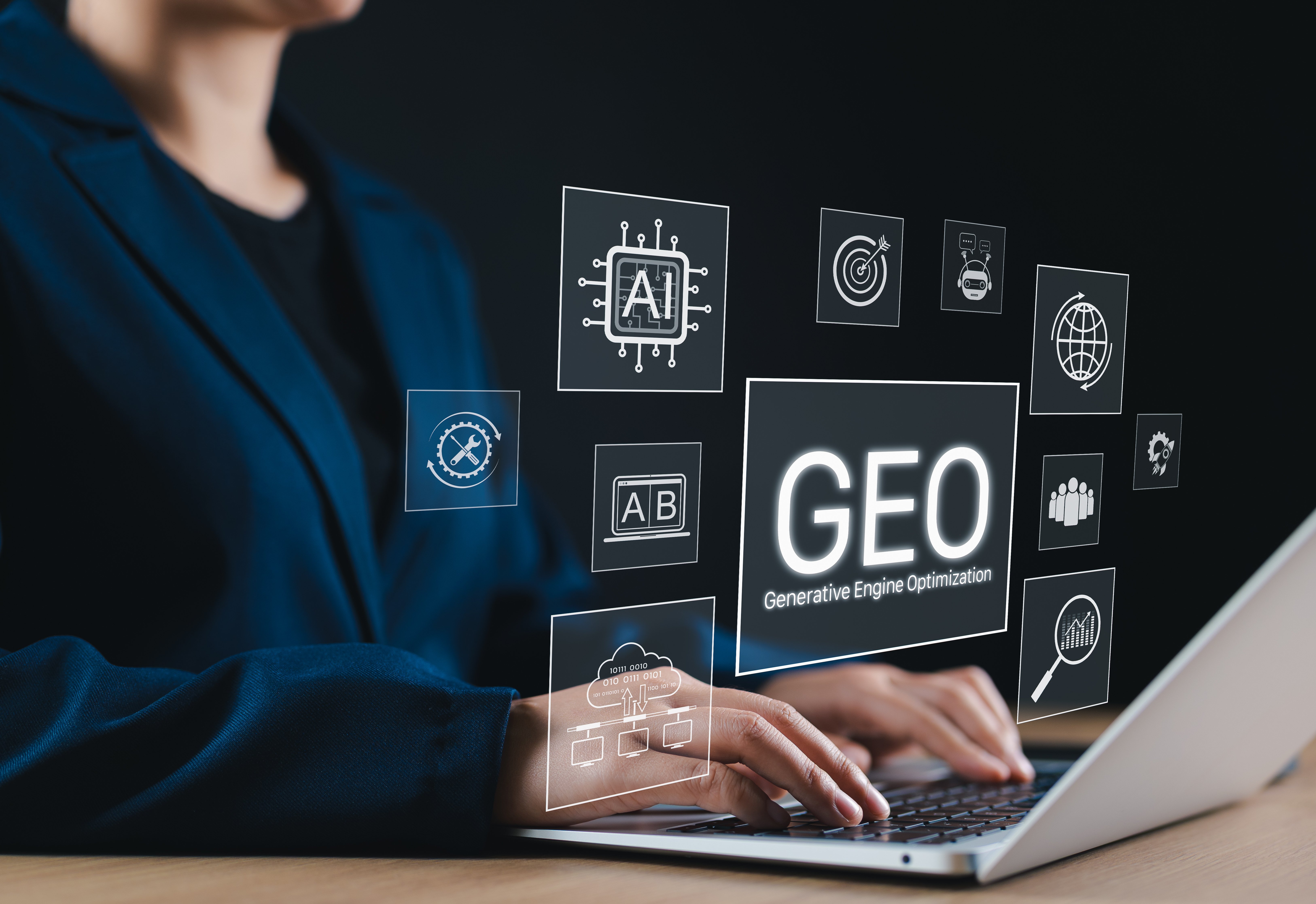 A person in a dark blazer working on a laptop with digital graphics overlaid, displaying icons related to artificial intelligence, analytics, and digital marketing, including the term “GEO – Generative Engine Optimization.