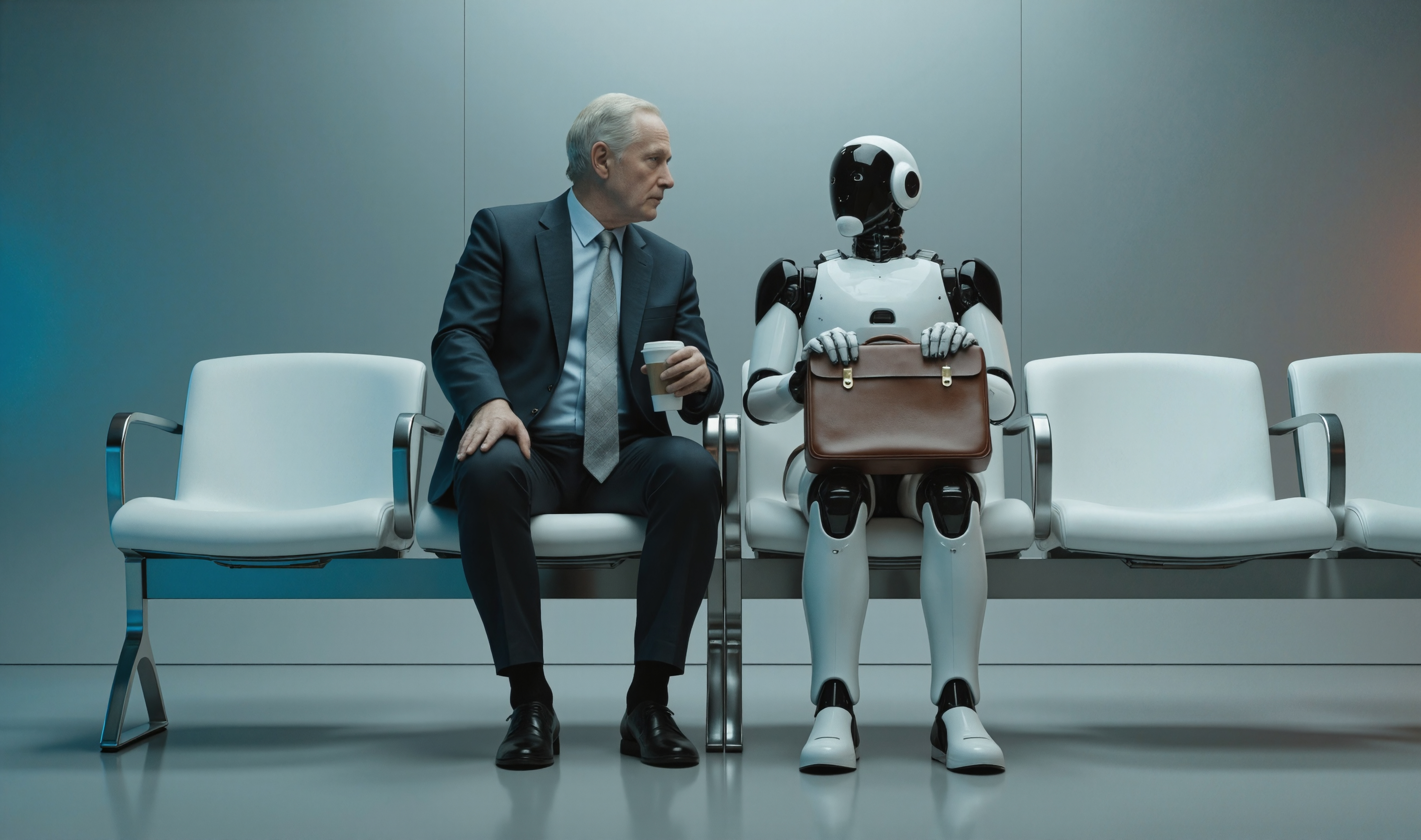 An older businessman in a suit sits in a waiting room next to a humanoid robot holding a briefcase, as the man looks at the robot with a curious expression.