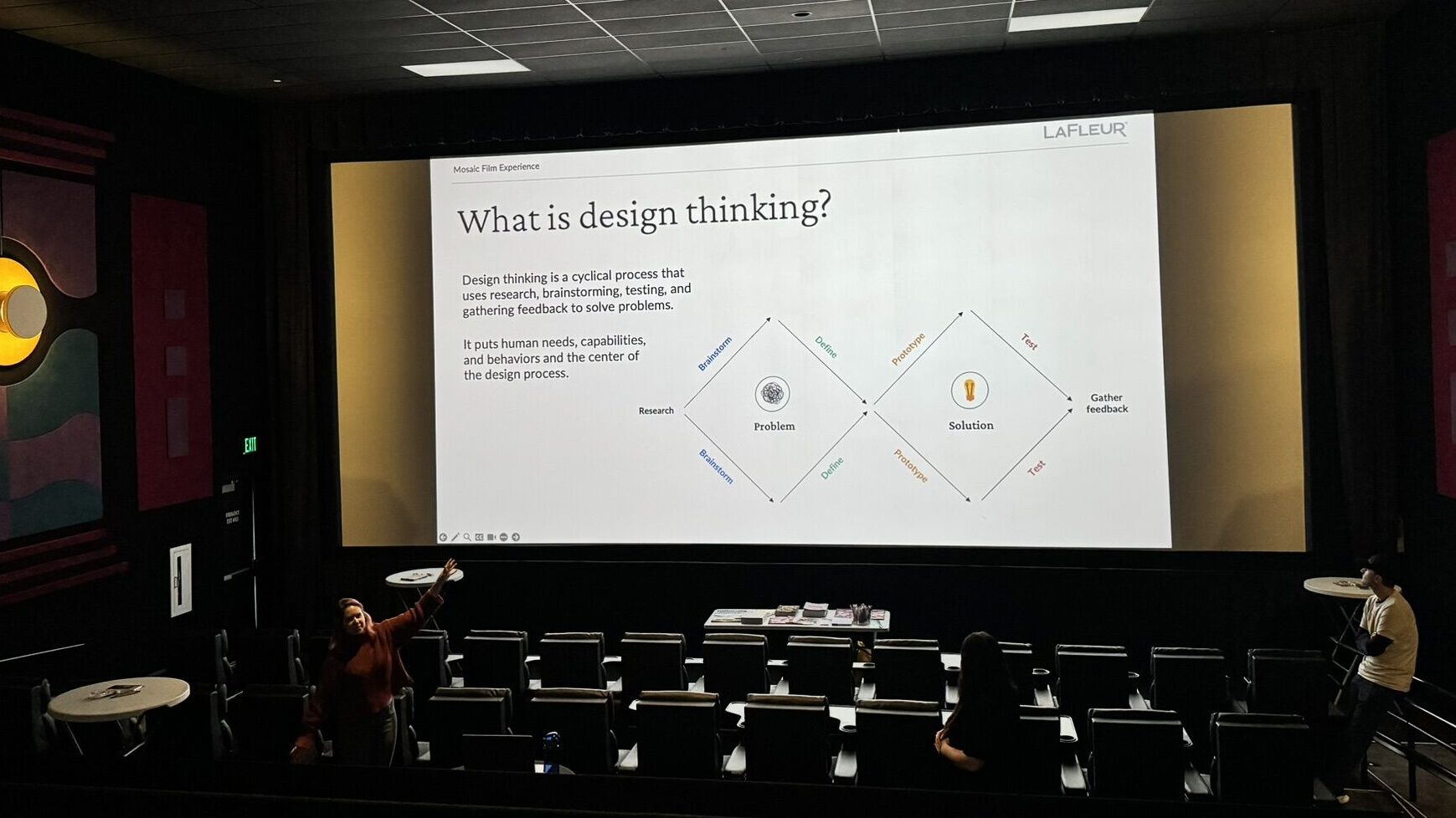 Presentation slide explaining design thinking, with people in a theatre setting.