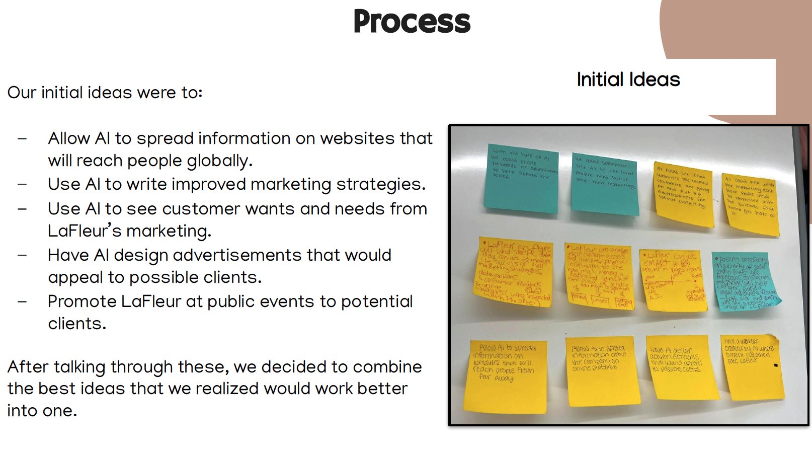 Presentation slide with post-it notes describing initial ideas for AI use.