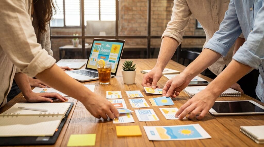 Scalable Marketing Systems for Professional Services Firms 2 Marketing team arranging printed campaign sketches and wireframes on a wooden table beside a laptop while planning scalable content