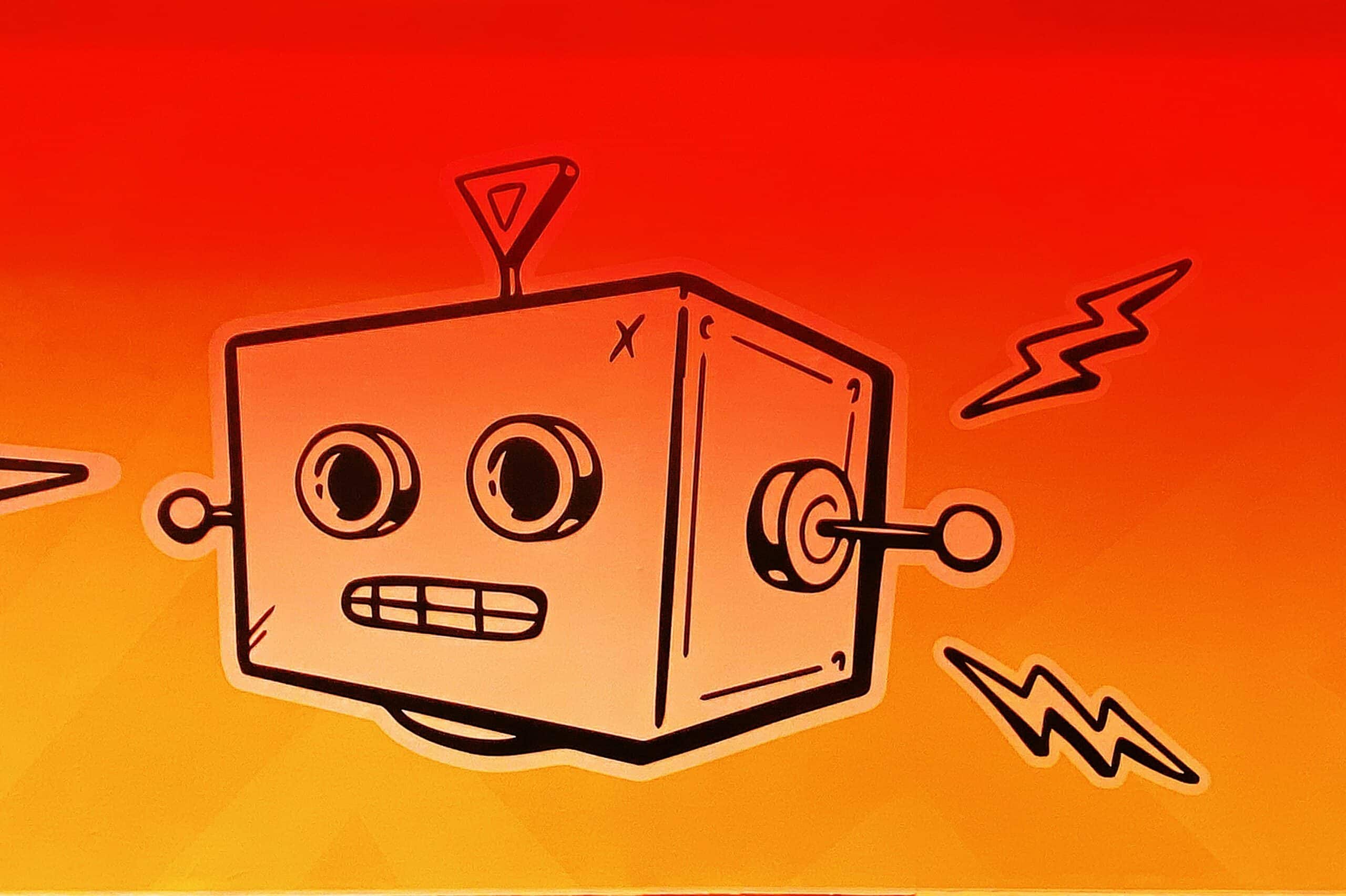 How marketing automation impacts your business (and the hidden costs of NOT automating) 1 Illustration of a robot on a graduated red and orange background.