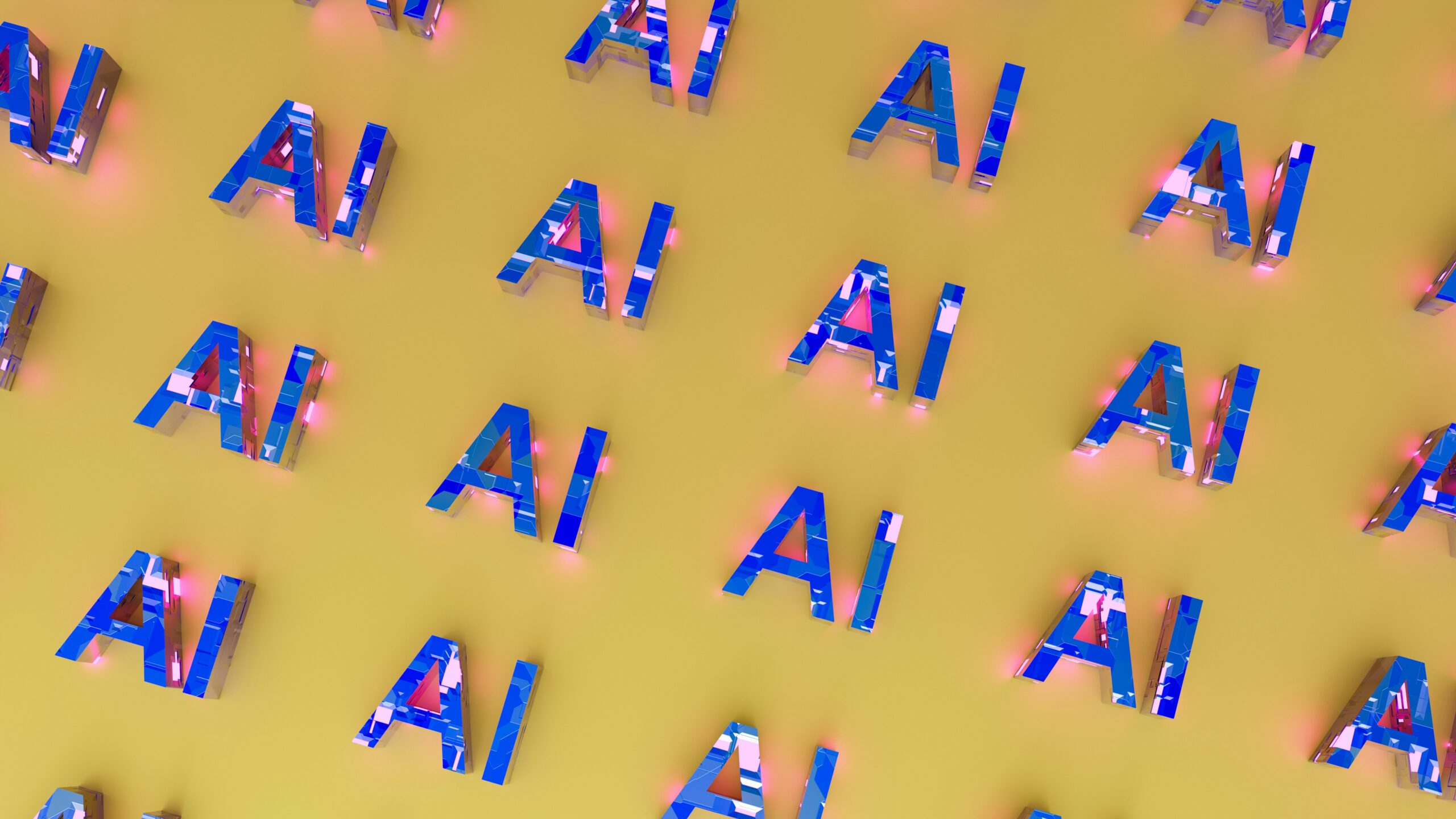 AI and data-driven decision-making for leaders who want results (not just reports) 1 Repetitive copies of the word "AI" in blue on a yellow background.