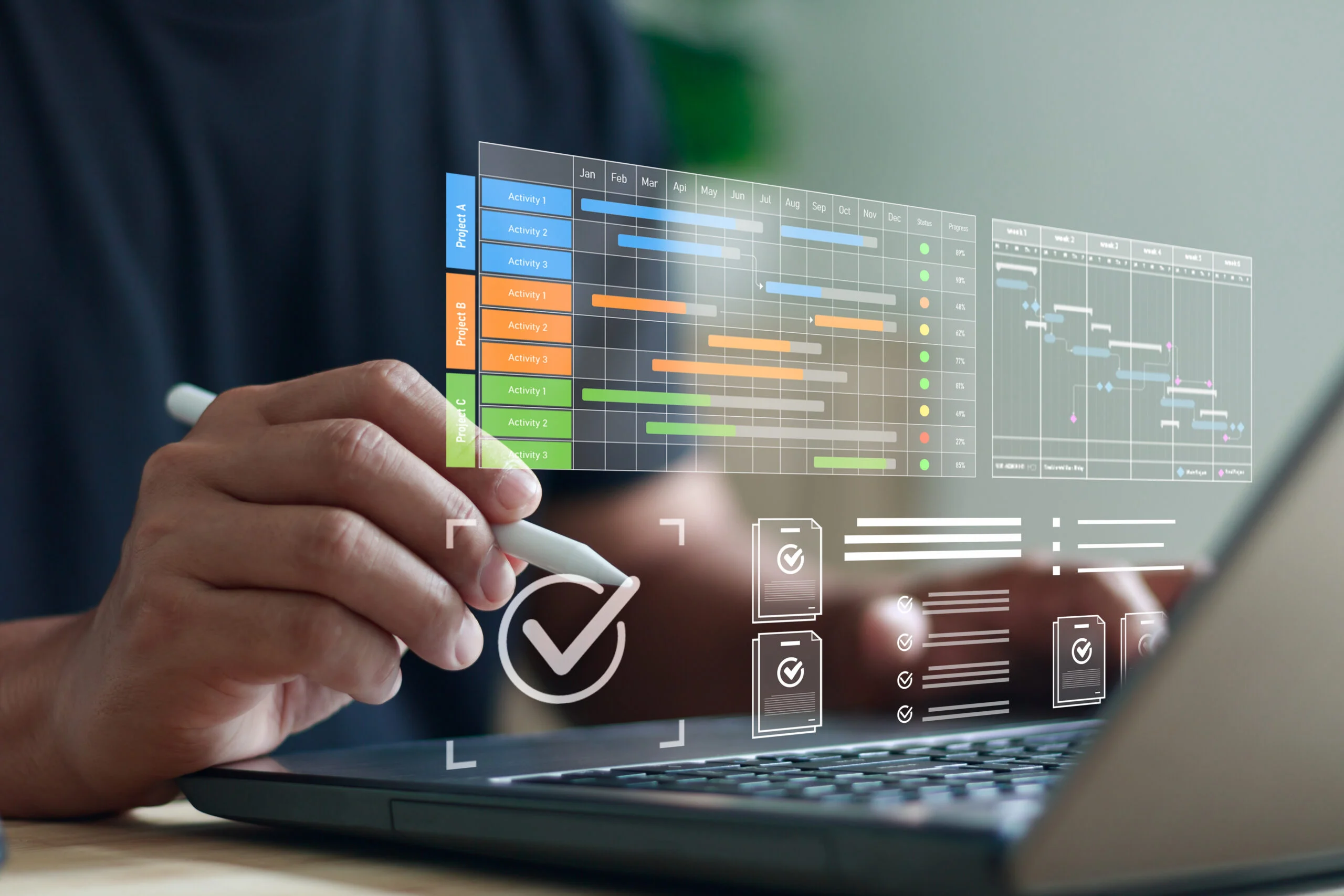 Curating a Source of Truth for Your Operations 1 Hand using a stylus over a laptop while interacting with a transparent digital project management dashboard showing timelines, task bars, checkmarks, and workflow icons.