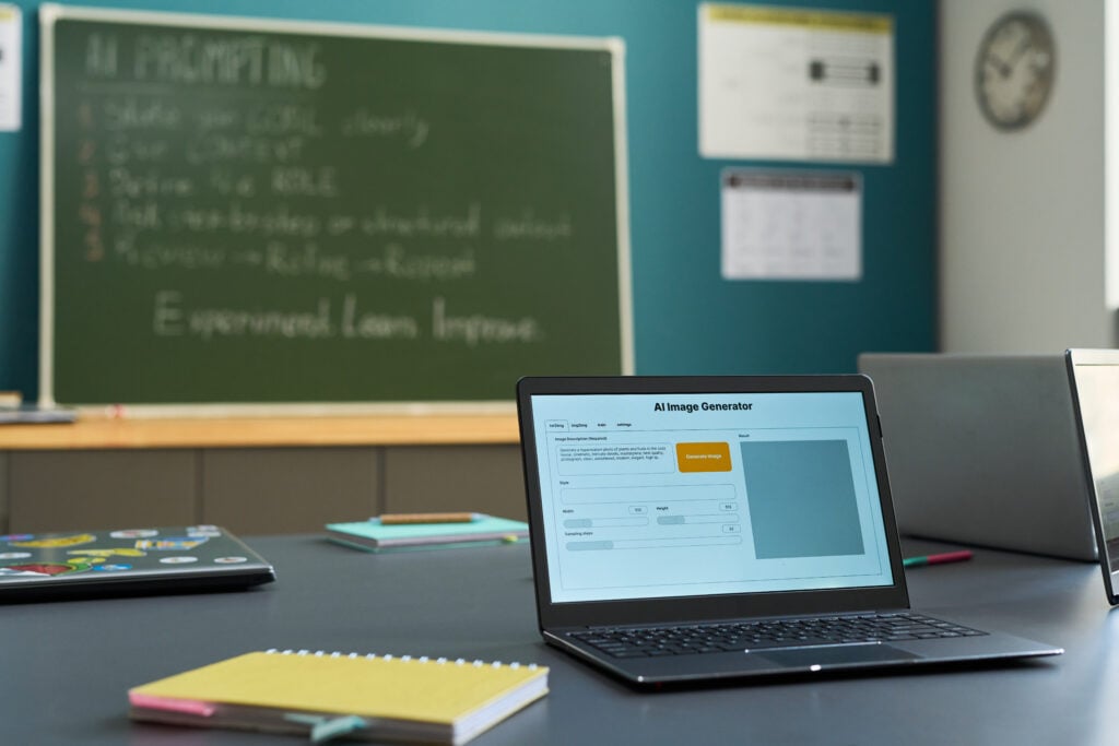 How to Prepare Professional Services Firms for AI: A Data Structure and Infrastructure Guide 2 Laptop displaying AI image generator interface sitting on classroom desk with spiral notebook in foreground, green chalkboard with handwritten instructions visible in background