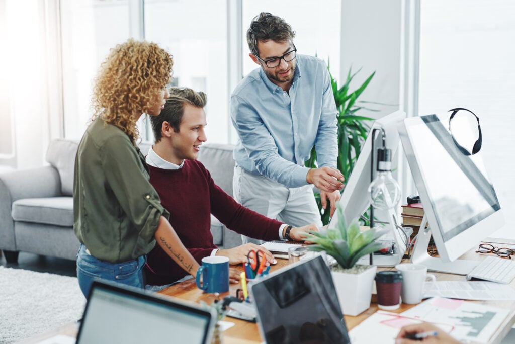 Co-Designing Web Experiences for Humans and Bots 3 Business people, cooperation and computer for web design, coaching and brainstorming for proposal. Group, employees and coworking with email, planning or pc for project, meeting or online reading.