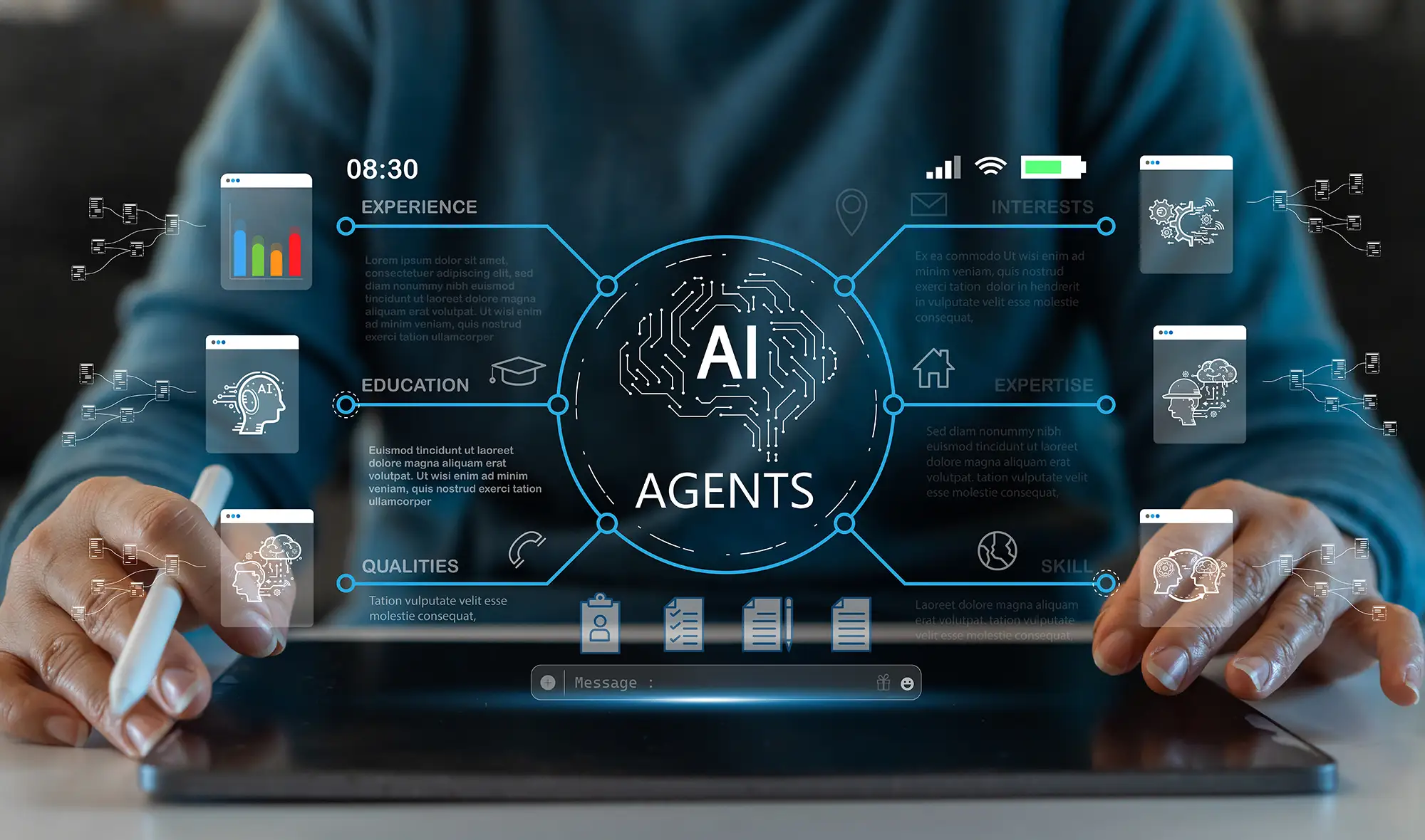 Always-On Agentic Workflows for Website Optimization 2 Person interacting with a tablet displaying an AI Agents interface with connected data points for experience, education, expertise, and skills
