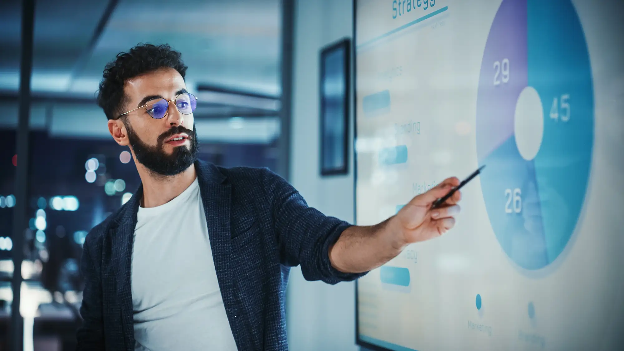 Always-On Agentic Workflows for Website Optimization 3 Marketing strategist presenting a strategy dashboard with charts and analytics on a screen