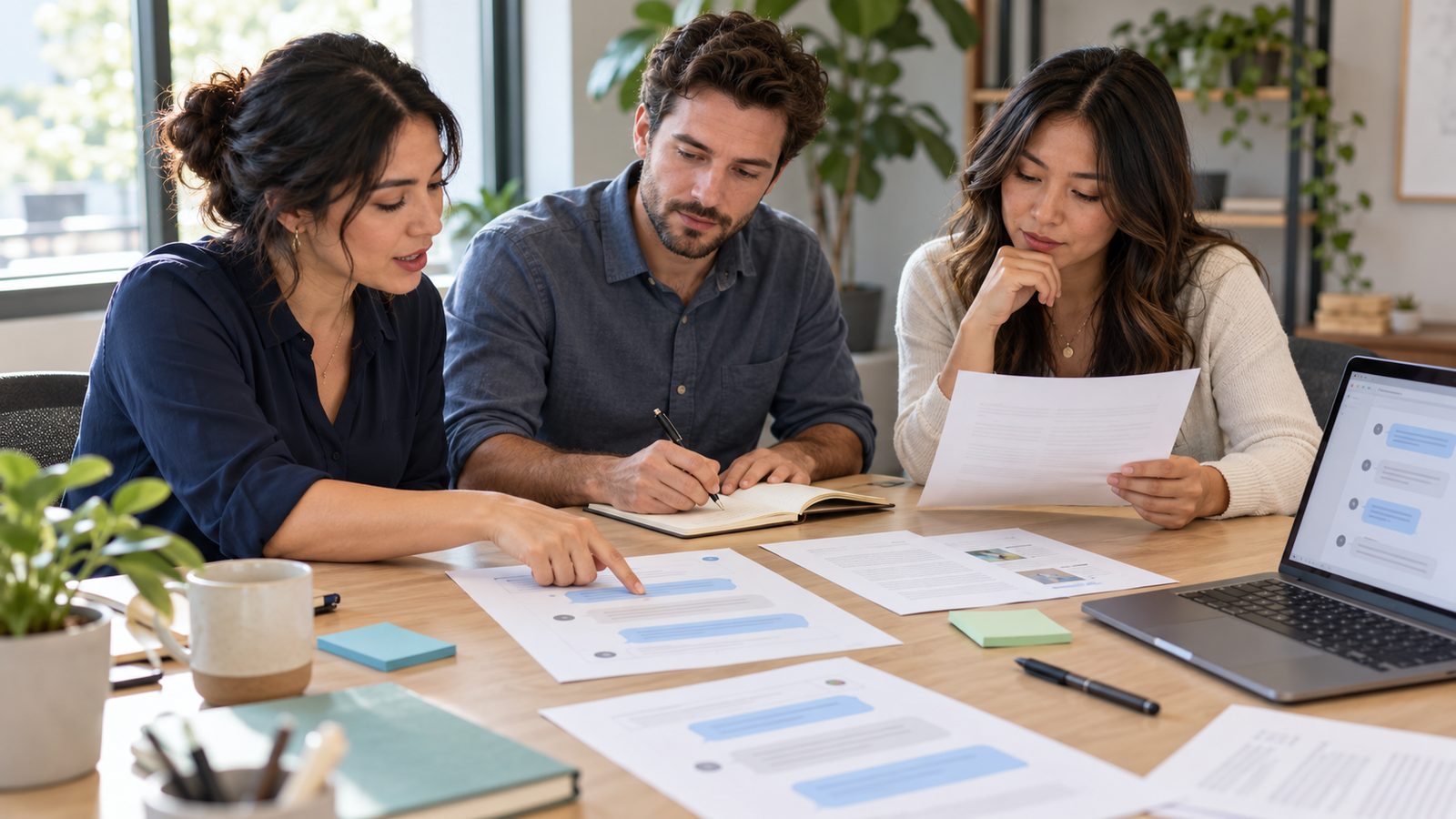 How to Build and Customize Your Own Chatbot 3 Team reviewing printed chatbot conversation drafts at a conference table